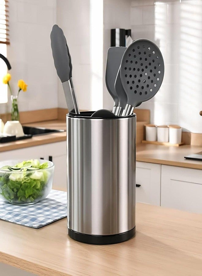 HOMENITY 360° Rotating Kitchen Utensil Holder, Stainless Steel Holder For Spoons, Spatulas & Cutlery, 3 Compartment Organizer & Cooking Utensil With Removable Base(Pack of 1) - Image 1