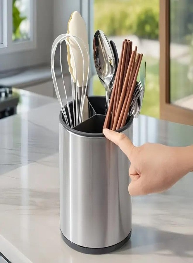 HOMENITY 360° Rotating Kitchen Utensil Holder, Stainless Steel Holder For Spoons, Spatulas & Cutlery, 3 Compartment Organizer & Cooking Utensil With Removable Base(Pack of 1) - Image 5