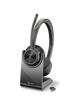 سماعة الرأس اللاسلكية Poly Voyager 4320 UC مع حامل شحن (من Plantronics) – سماعات استريو مزودة بميكروفون ذراع مانع للضوضاء – اتصال بجهاز الكمبيوتر/ماك/الهاتف المحمول عبر البلوتوث – معتمدة من Microsoft Teams.  - Image 1