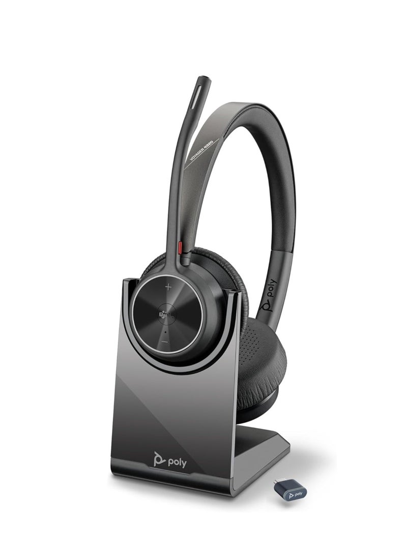 Poly - Voyager 4320 UC Wireless Headset + Charge Stand (Plantronics) - Headphones with Boom Mic - Connect to PC/Mac via USB-C Bluetooth Adapter, Cell Phone via Bluetooth - Works with Teams, Zoom & More - Image 1