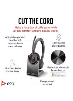 سماعة الرأس اللاسلكية Poly Voyager 4320 UC مع حامل شحن (من Plantronics) – سماعات استريو مزودة بميكروفون ذراع مانع للضوضاء – اتصال بجهاز الكمبيوتر/ماك/الهاتف المحمول عبر البلوتوث – معتمدة من Microsoft Teams.  - Image 2