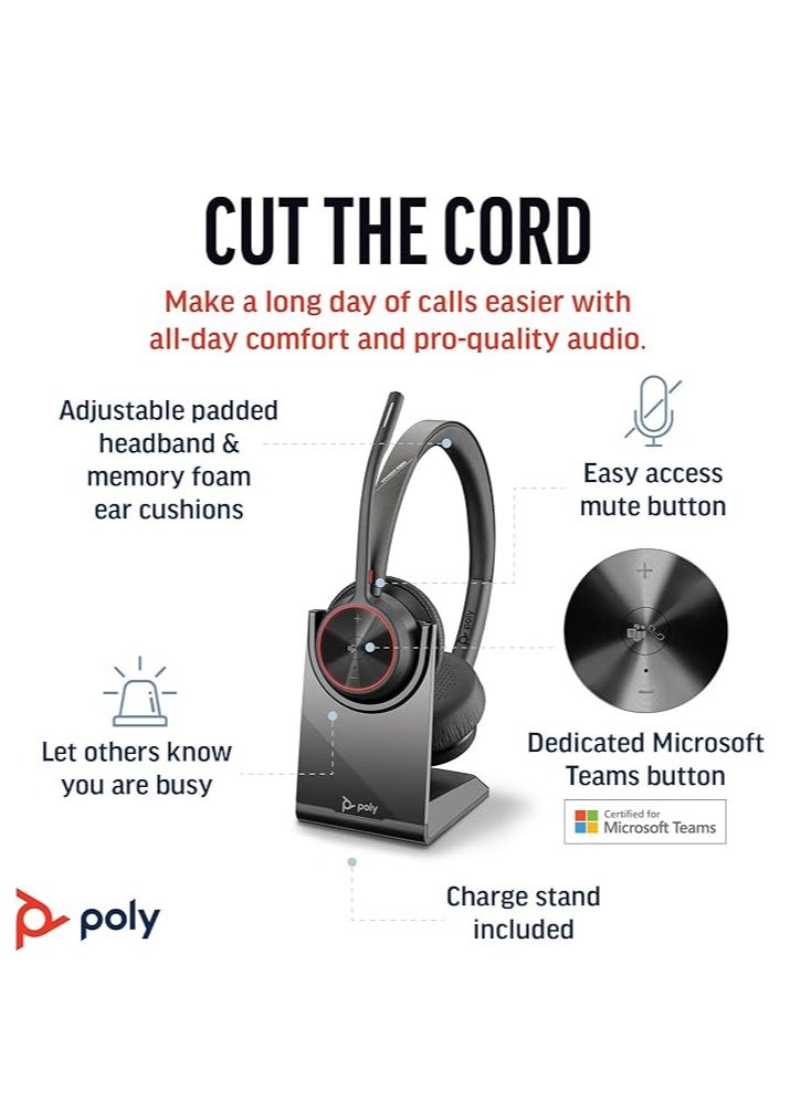 Poly - Voyager 4320 UC Wireless Headset + Charge Stand (Plantronics) - Headphones with Boom Mic - Connect to PC/Mac via USB-C Bluetooth Adapter, Cell Phone via Bluetooth - Works with Teams, Zoom & More - Image 1