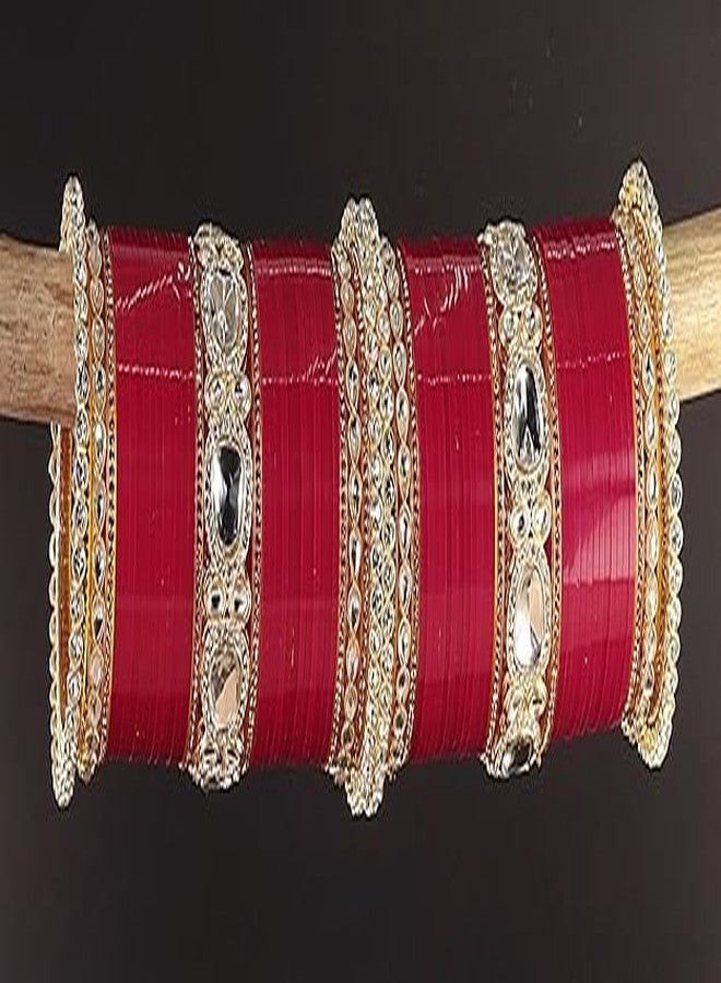 BANGLESKART مجموعة أساور ذهبية فاخرة من بانجلسكارت، مرصعة بالزركون والماس والكوندان، مثالية للعرائس والفتيات. طقم أساور تشودا بتصميم أنيق، مناسب لحفلات الزفاف والمناسبات المختلفة. مجموعة من 70 سوارًا باللون الأرجواني. - Image 5
