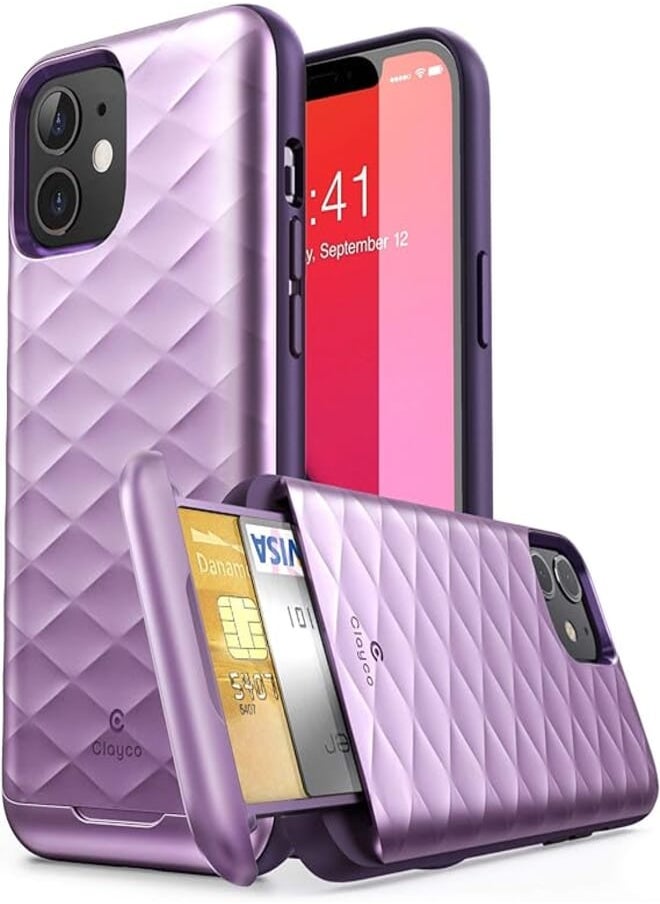 Clayco Clayco argos series wallet case for iphone 12 pro max 6.7"(2020 release), slim card holder protective wallet case built-in sliding credit card/id card slot (purple) 