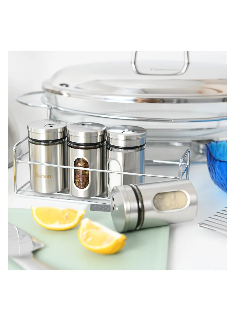 5- Piece Condiments Set with Stand 80ml, Manual Shaker, Stainless Steel and Glass Body Spice Dispenser Refillable