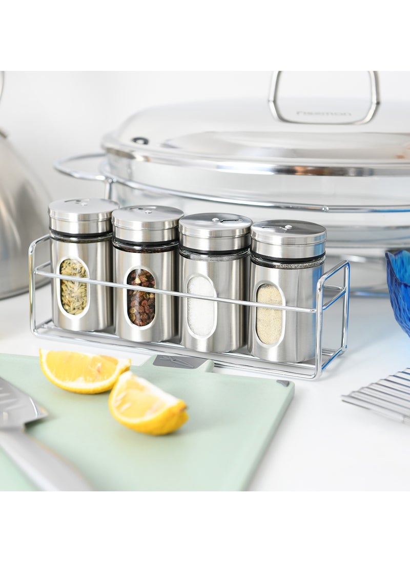Fissman 5- Piece Condiments Set with Stand 80ml, Manual Shaker, Stainless Steel and Glass Body Spice Dispenser Refillable  - Image 3