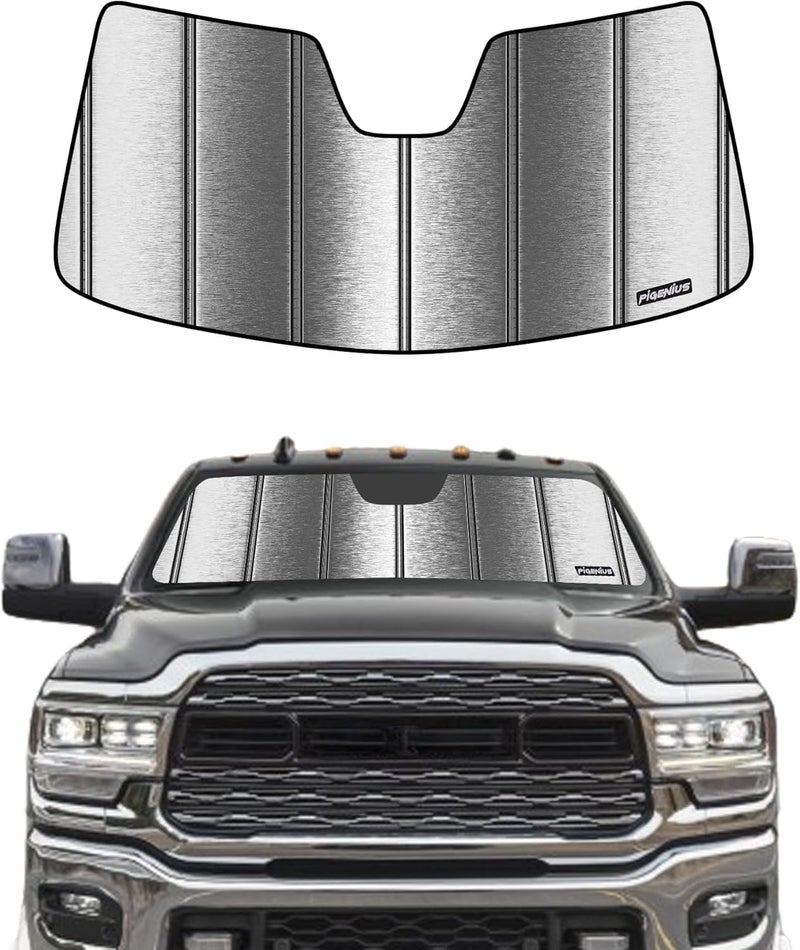 Pigenius Windshield Sun Shade for 2019-2022 Dodge Ram 2500/3500 - Ultimate Folding Sunshade - Metallic Silver - Image 1