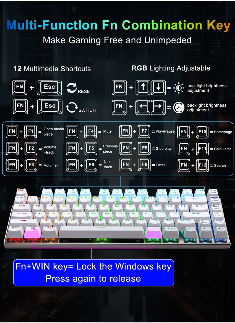 E-YOOSO - Z-88 RGB Mechanical Gaming Keyboard, Metal Panel, Red Switches, 75% Compact 81 Keys for Mac, PC, Silver and White - Image 1