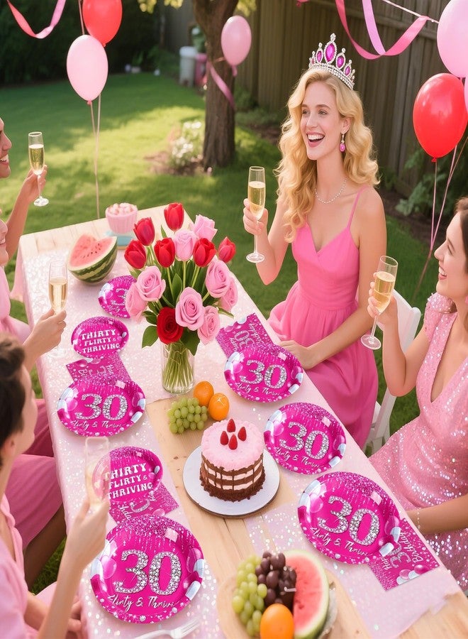 Grencian 96 Pcs 30th Birthday Party Supplies for Women 350 GSM Hot Pink 30th Birthday Plates Decorations Disposable Heavy Duty Hot Pink Sweet 30 Tableware Set for Women 30 Years Old Party Supplies - Image 2