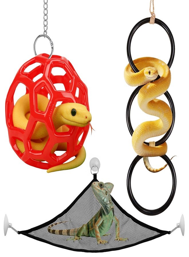 Hysagtek Ball Python Tank Accessory - 3 Pcs Snake Enrichment Toys Ball with Hammock and Climbing Rings, Jungle Gym Ball with Chain, Reptiles Climbing Toy Hammock Snakes Tank Accessories - Image 1