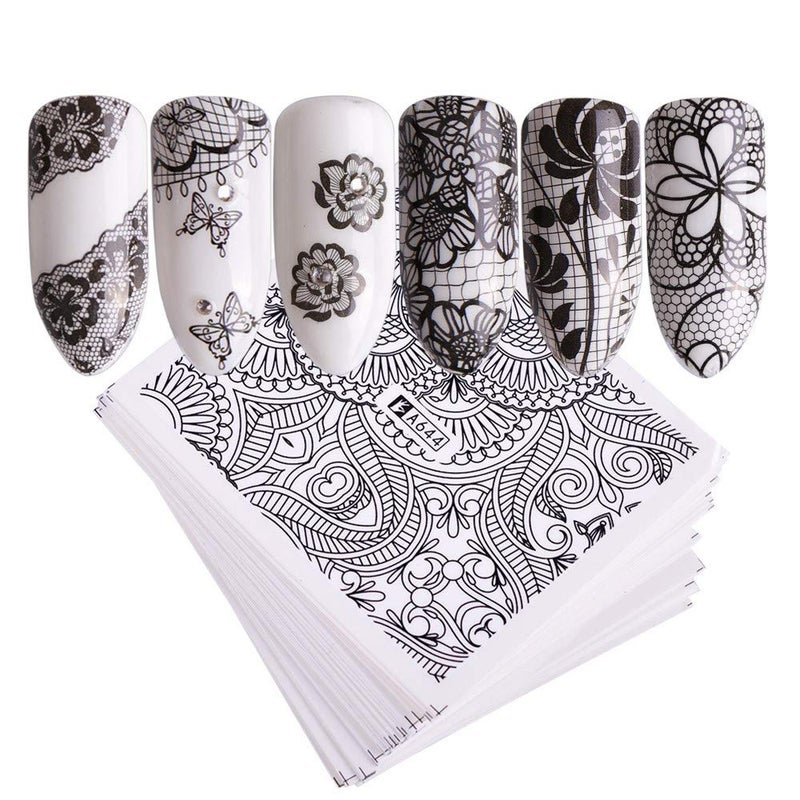 Valuu Black Lace Flower Nail Art Stickers, 40 Sheets Water Transfer Decals for DIY Manicure Tips, Nail Tips Decorations Accessories - Image 3