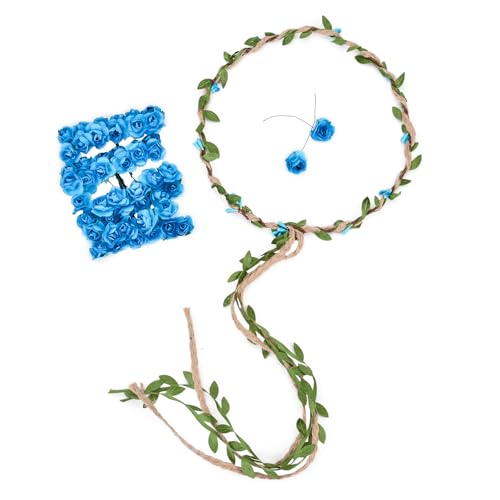 DDazzling Flower Crown Floral Wreath Headband Floral Garland Headbands Photo Props,Rose Flower Crown Kit, 3 Piece (Blue) - Image 1