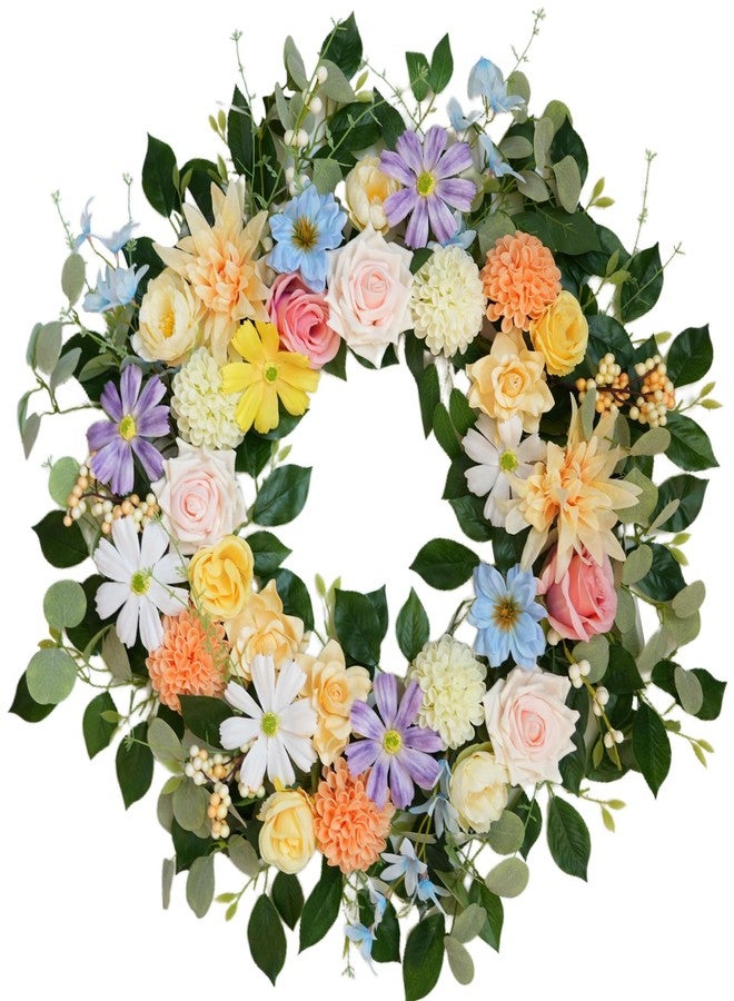 CIR OASES Spring Wreaths for Front Door,Summer Wreath with Rose and Dahlia Flowers,24 Inch Floral Door Wreath for All Seasons Outside Outdoor Indoor Wall Wedding Holiday Home Farmhouse Decor - Image 1