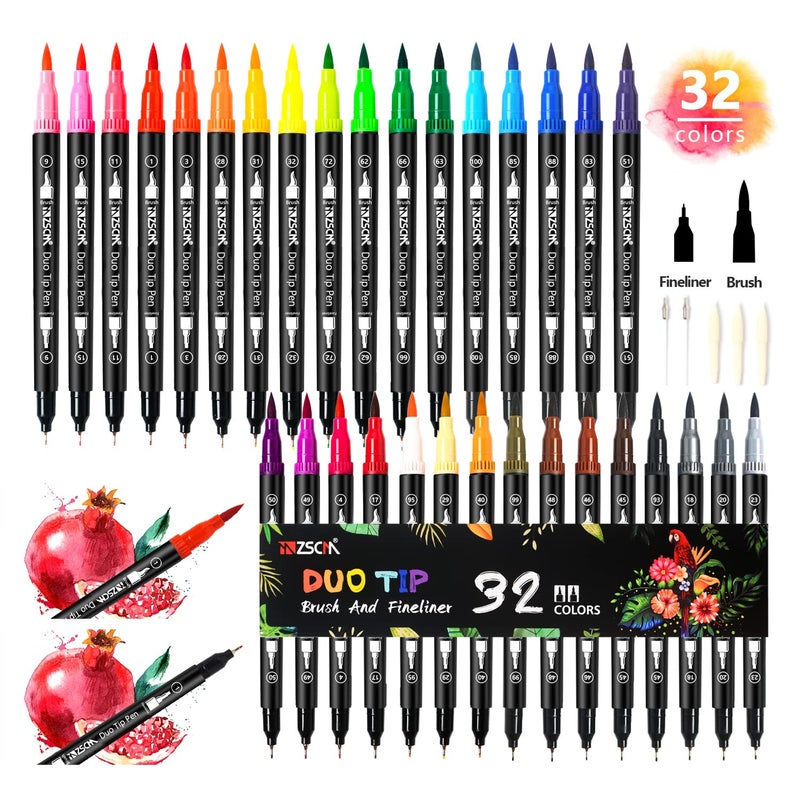 ZSCM 32 Colors Duo Tip Brush Markers Art Pen Set Artist Fine and Brush Tip Colored Pens for Adult Coloring Books Christmas Cards Drawing Note taking Lettering Calligraphy Journaling
