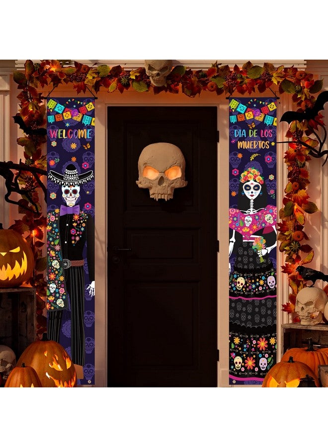 ريميري قطعتان من زينة يوم الموتى لافتة ديا دي لوس مويرتوس للهالوين المكسيكي معلقة يوم الشرفة الميتة، ديكور جدار الباب، لافتة ترحيب للشرفة من أجل ديكور حفلات الهالوين ديا دي لوس مويرتوس - Image 1
