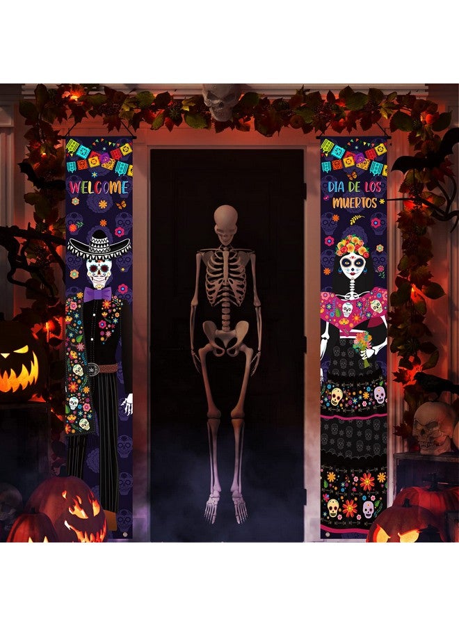 ريميري قطعتان من زينة يوم الموتى لافتة ديا دي لوس مويرتوس للهالوين المكسيكي معلقة يوم الشرفة الميتة، ديكور جدار الباب، لافتة ترحيب للشرفة من أجل ديكور حفلات الهالوين ديا دي لوس مويرتوس - Image 3