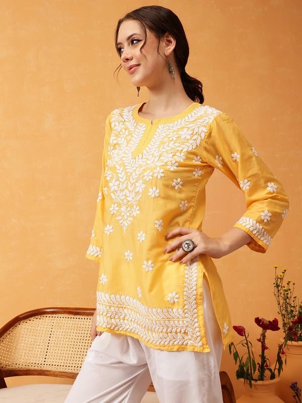 Ada Women Muslin Regular Hand Embroidered Lucknowi Chikankari Straight Top Tunic Short Kurti A911423 Yellow (XL) - Image 4