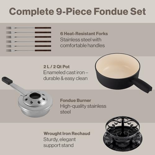 Swissmar Lugano Cast Iron Cheese Fondue Set, 9-Piece, 2 QT / 2 L - Ideal for Melting Cheese, Chocolates, Caramel, & More - Perfect for Kitchen Collection & Gift Giving - Matte Black - Image 5