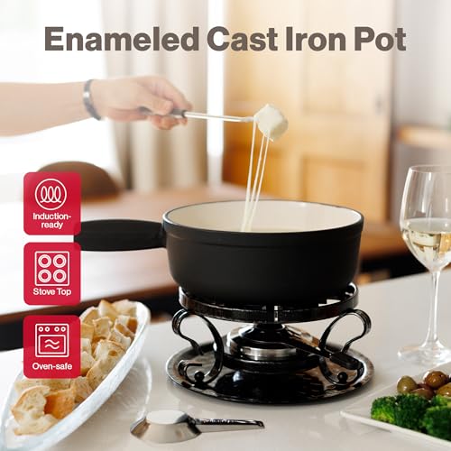 Swissmar Lugano Cast Iron Cheese Fondue Set, 9-Piece, 2 QT / 2 L - Ideal for Melting Cheese, Chocolates, Caramel, & More - Perfect for Kitchen Collection & Gift Giving - Matte Black - Image 2