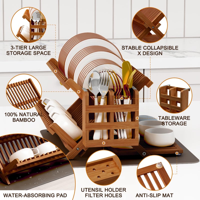 Greenual Teak Dish Drying Rack with Utensil Holder, 3 Tier Collapsible Dish Rack, Wooden Dish Racks for Kitchen Counter, Large Folding Drying Holder with Absorbent Dish Drying Mat - Image 5