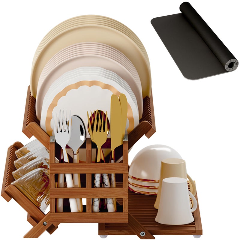 Greenual Teak Dish Drying Rack with Utensil Holder, 3 Tier Collapsible Dish Rack, Wooden Dish Racks for Kitchen Counter, Large Folding Drying Holder with Absorbent Dish Drying Mat - Image 1