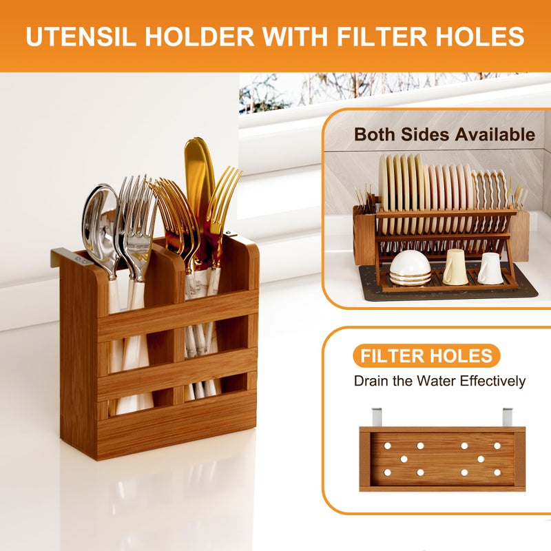 Greenual Teak Dish Drying Rack with Utensil Holder, 3 Tier Collapsible Dish Rack, Wooden Dish Racks for Kitchen Counter, Large Folding Drying Holder with Absorbent Dish Drying Mat - Image 3
