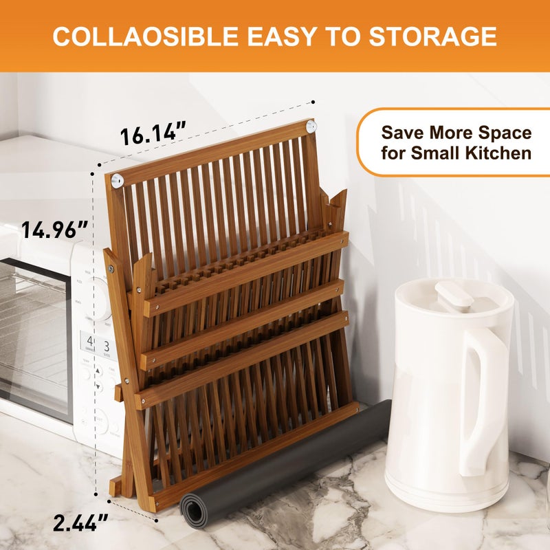 Greenual Teak Dish Drying Rack with Utensil Holder, 3 Tier Collapsible Dish Rack, Wooden Dish Racks for Kitchen Counter, Large Folding Drying Holder with Absorbent Dish Drying Mat - Image 4