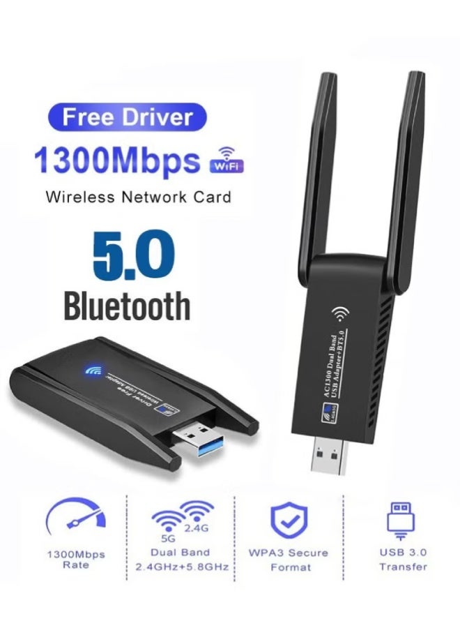 ارواق محول واي فاي USB 3.0 مزدوج النطاق 1300Mbps مع بلوتوث 5.0 – 2 في 1 دونجل استقبال لاسلكي، نطاق 2.4GHz و 5GHz عالي السرعة لأجهزة الكمبيوتر واللابتوب - Image 1