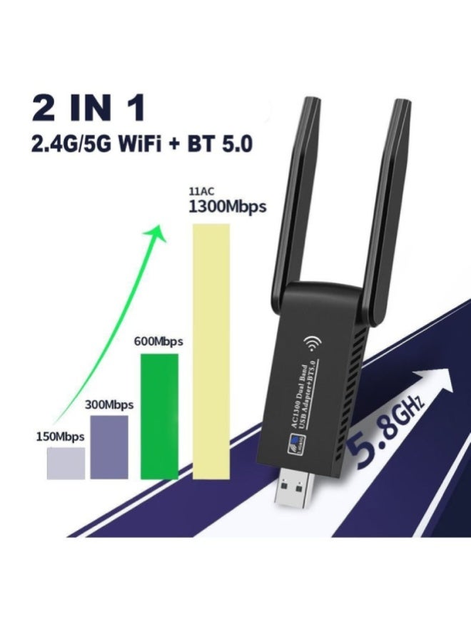 ارواق محول واي فاي USB 3.0 مزدوج النطاق 1300Mbps مع بلوتوث 5.0 – 2 في 1 دونجل استقبال لاسلكي، نطاق 2.4GHz و 5GHz عالي السرعة لأجهزة الكمبيوتر واللابتوب - Image 2