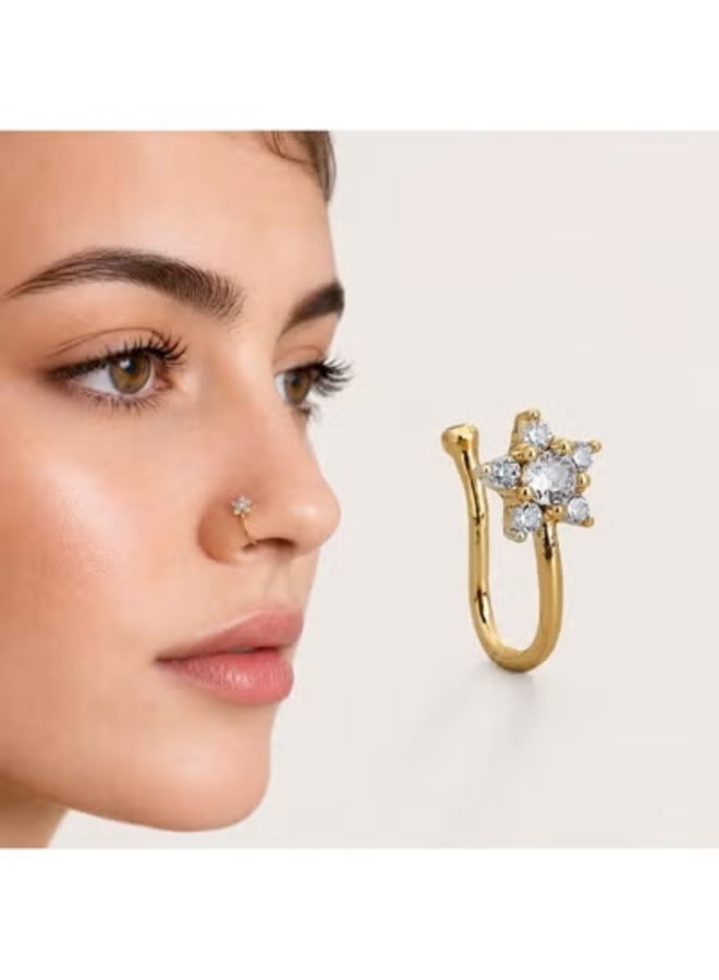 veya Women’s Fake Nose Ring, Non-Pierced Clip-On Floral Design with Sparkling Zircon Stones – Gold Tone - Image 4