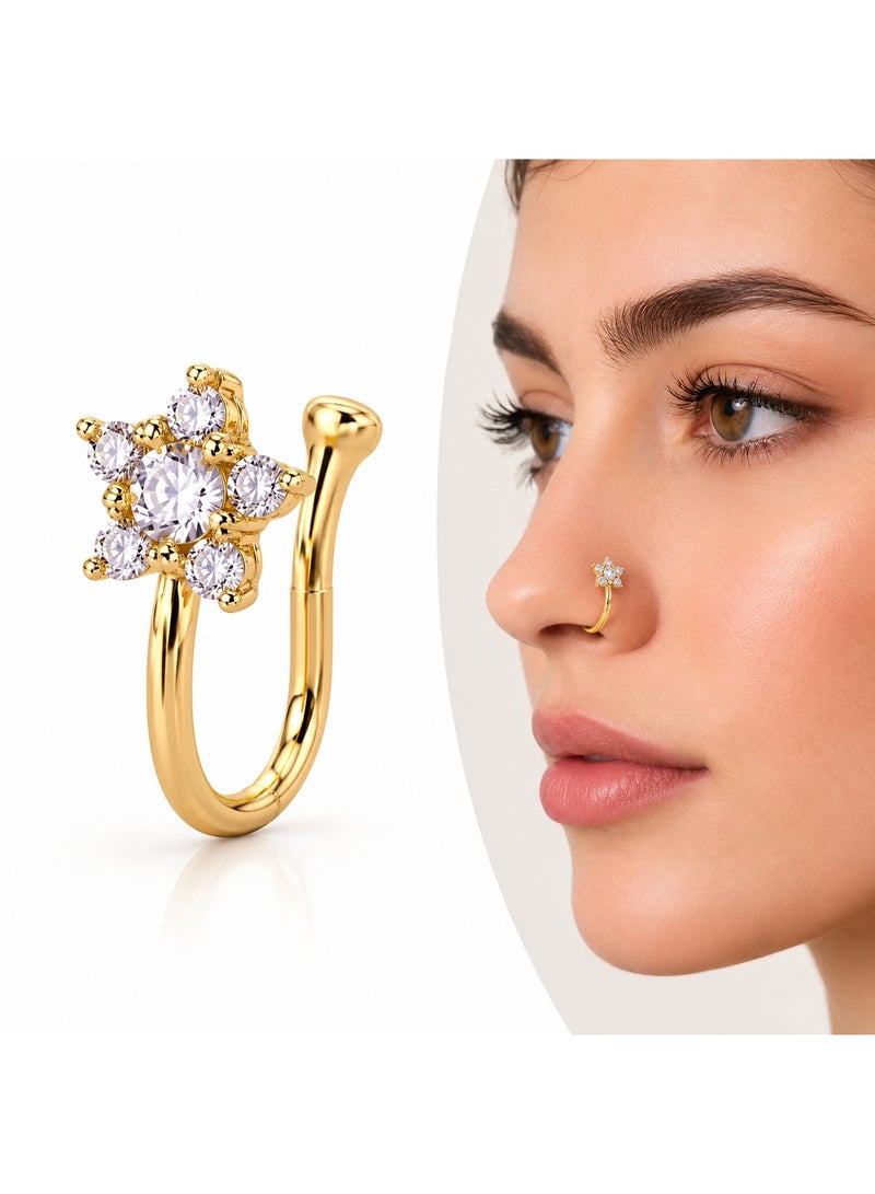 veya Women’s Fake Nose Ring, Non-Pierced Clip-On Floral Design with Sparkling Zircon Stones – Gold Tone - Image 1