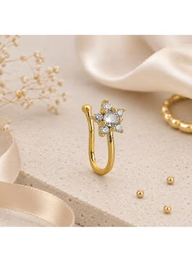 veya Women’s Fake Nose Ring, Non-Pierced Clip-On Floral Design with Sparkling Zircon Stones – Gold Tone - Image 2
