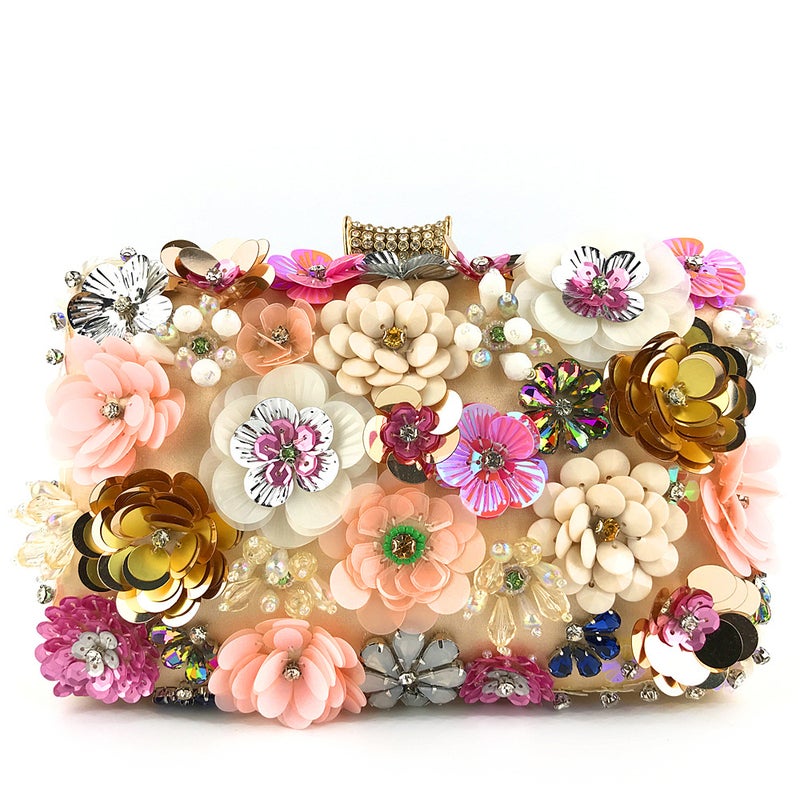 Handmade Beaded Flower Clutch Evening Bag Champagne