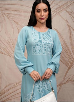 Vishudh Blue Floral Printed Round Neck Puff Sleeves Straight Kurta  - Image 1