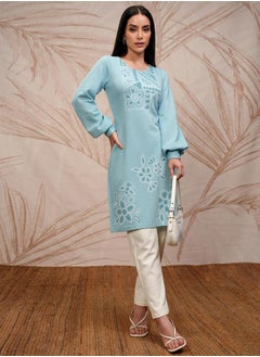 Vishudh Blue Floral Printed Round Neck Puff Sleeves Straight Kurta  - Image 2