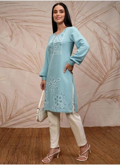 Vishudh Blue Floral Printed Round Neck Puff Sleeves Straight Kurta  - Image 4