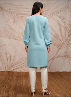 Vishudh Blue Floral Printed Round Neck Puff Sleeves Straight Kurta  - Image 3