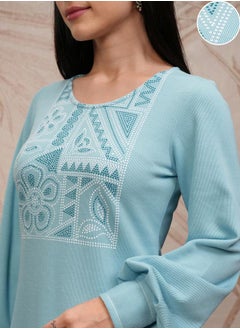Vishudh Blue Floral Printed Round Neck Puff Sleeves Straight Kurta  - Image 5