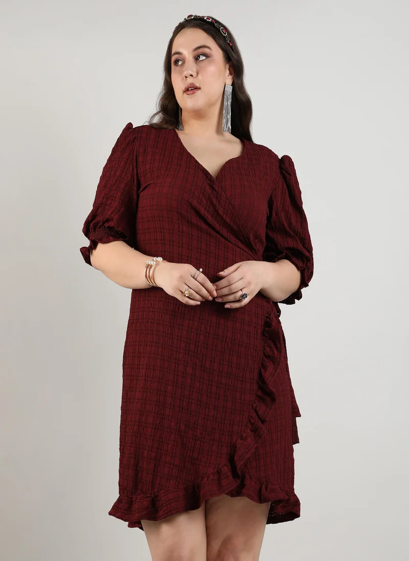Instafab Plus Women's Maroon Red Checkered Wrap Dress For Casual Wear | V Neck | Short Sleeve | Tie Up Closure | Plus-Size Dress Crafted With Comfort With For Everyday Wear