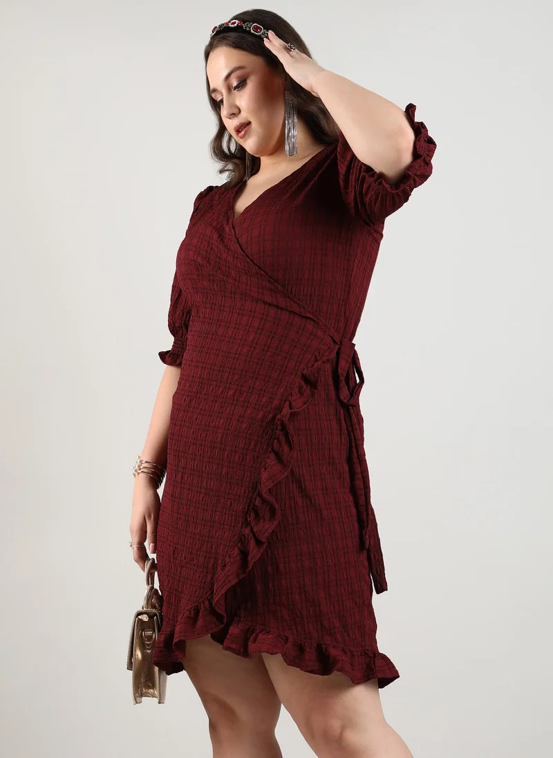 Instafab Plus Women's Maroon Red Checkered Wrap Dress For Casual Wear | V Neck | Short Sleeve | Tie Up Closure | Plus-Size Dress Crafted With Comfort With For Everyday Wear