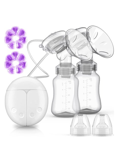 Double Electric Breast Pump, 2 Modes and Multiple Suction Levels, with Cool Heat Cushion and Two Milk Storage Bottles, Ultra Quiet, FPA Free