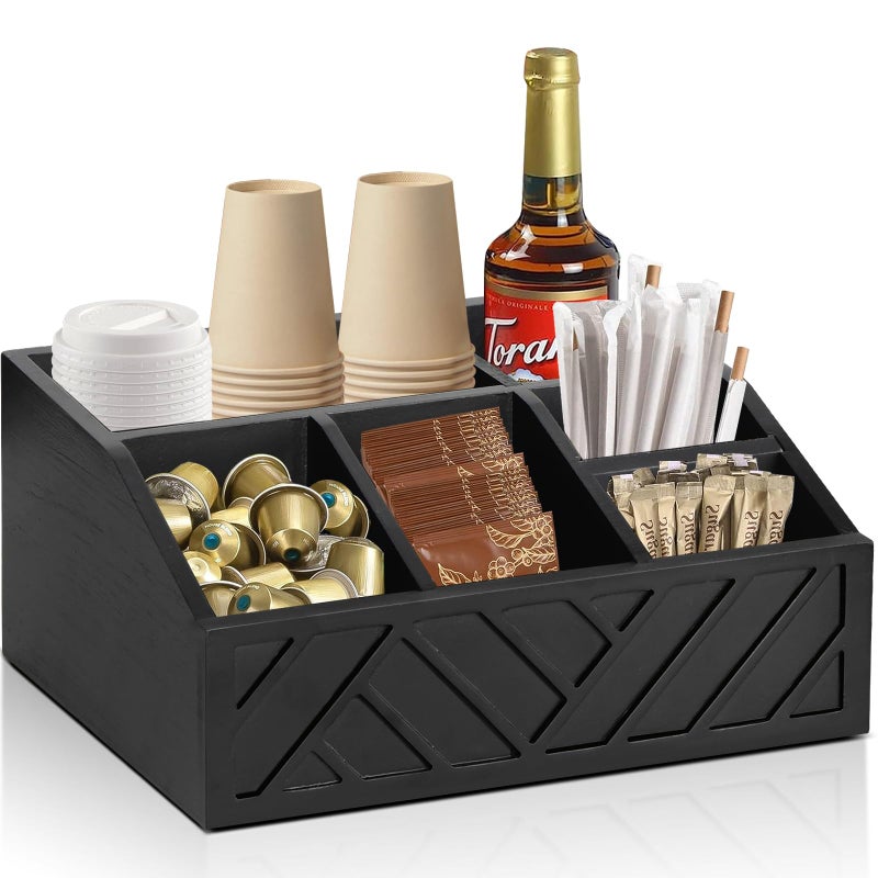 Ukonvi Coffee Pod Holder and Bar Accessories, Wood Station Organizer for Decor, Syrup and Condiment Organizer, Black - Image 1