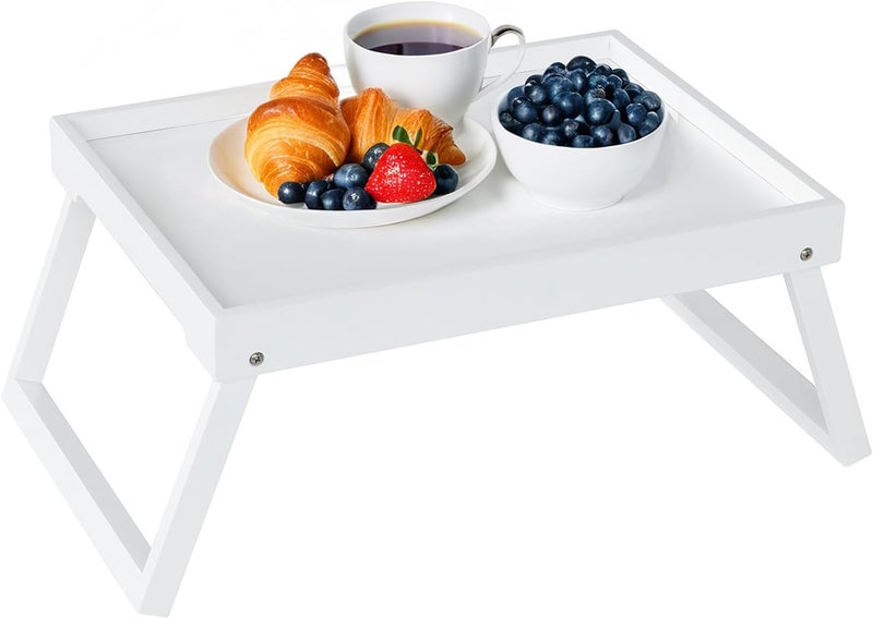 RRX Bamboo Bed Tray Table with Folding Leg Breakfast in Bed Tray for EatingKitchen Serving Food Sofa Snacking or Working Laptop Desk Dinner1 White - Image 1