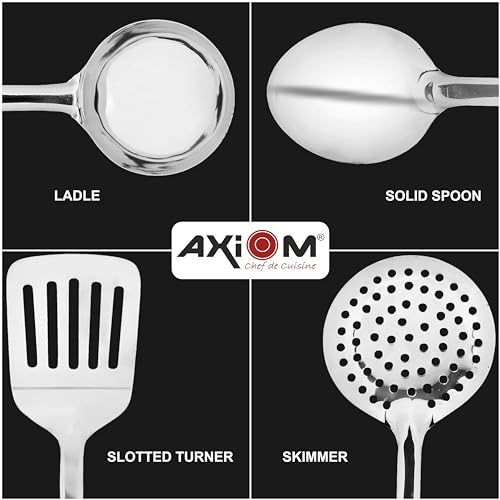 AXIOM Stainless Steel Kitchen Tools Set of 4 pcs Non-Stick Set of Ladle (Karchi), Solid Spoon (Chamcha), Skimmer (Jhara) & Slotted Turner/Spatula (Palta) for Cooking/Frying/Basting for Everyday Use - Image 5