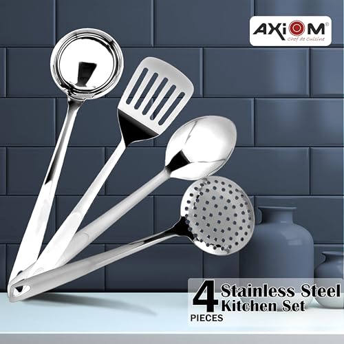 AXIOM Stainless Steel Kitchen Tools Set of 4 pcs Non-Stick Set of Ladle (Karchi), Solid Spoon (Chamcha), Skimmer (Jhara) & Slotted Turner/Spatula (Palta) for Cooking/Frying/Basting for Everyday Use - Image 3