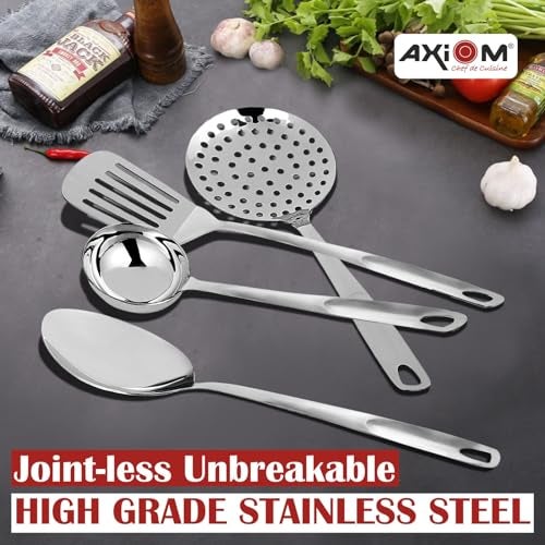 AXIOM Stainless Steel Kitchen Tools Set of 4 pcs Non-Stick Set of Ladle (Karchi), Solid Spoon (Chamcha), Skimmer (Jhara) & Slotted Turner/Spatula (Palta) for Cooking/Frying/Basting for Everyday Use - Image 4