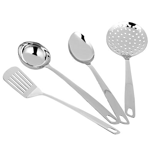 AXIOM Stainless Steel Kitchen Tools Set of 4 pcs Non-Stick Set of Ladle (Karchi), Solid Spoon (Chamcha), Skimmer (Jhara) & Slotted Turner/Spatula (Palta) for Cooking/Frying/Basting for Everyday Use - Image 1