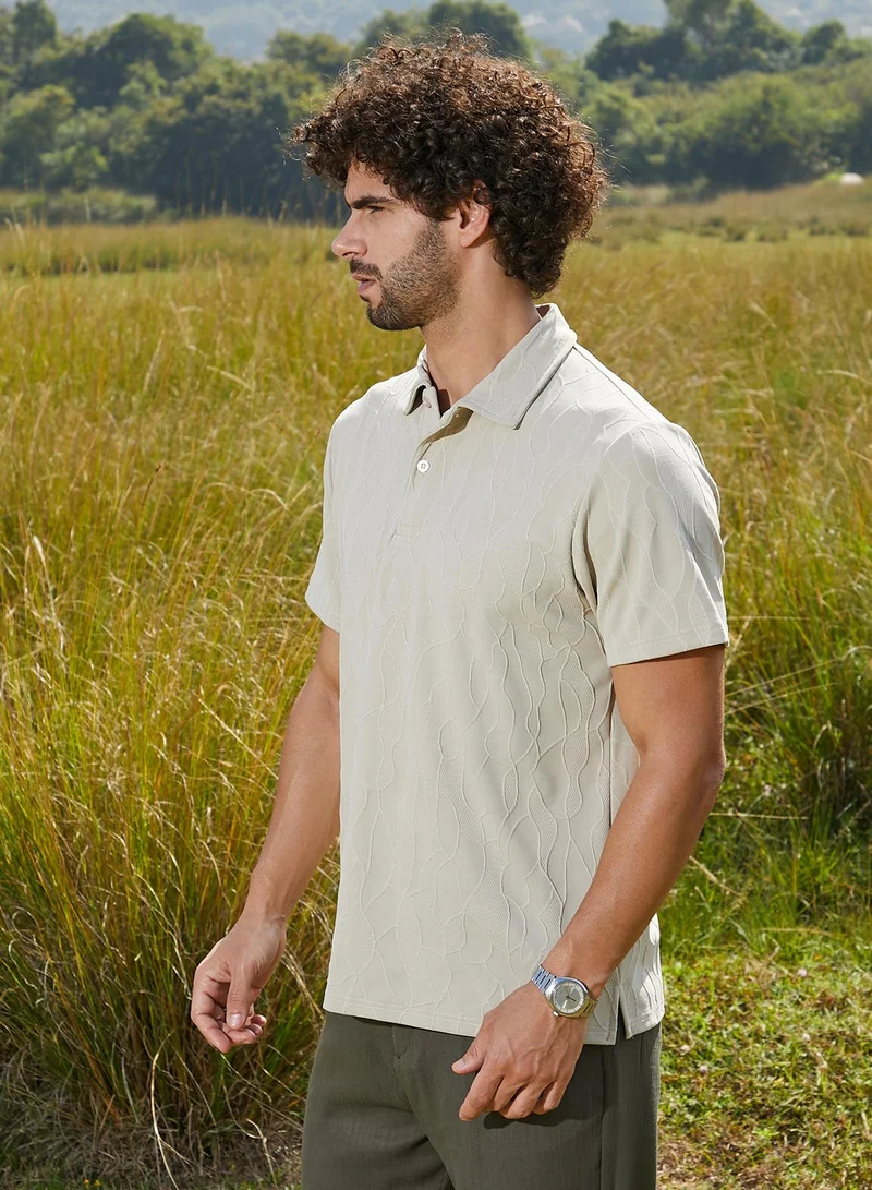 كامبوس سوترا Men's Cream White Veined-Tactile Polo T-Shirt
