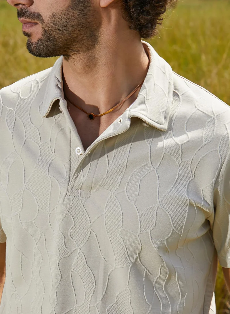 كامبوس سوترا Men's Cream White Veined-Tactile Polo T-Shirt