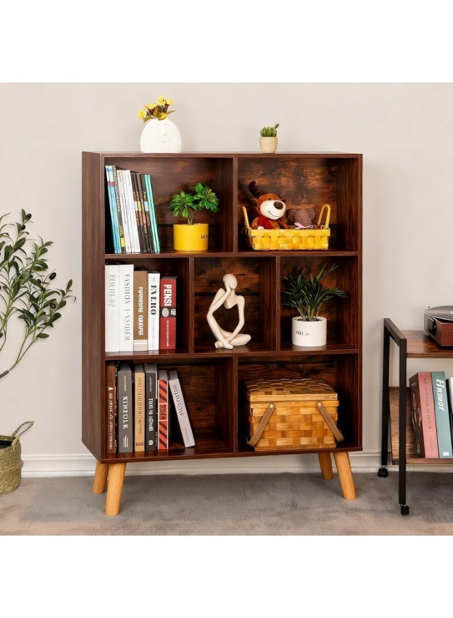 أنفانكي Anvanke 3-Tier Rustic Brown Cube Bookshelf  Mid-Century Retro Wood Freestanding Open Bookshelf  منظم التخزين لغرفة النوم مكتب غرفة المعيشة - Image 1